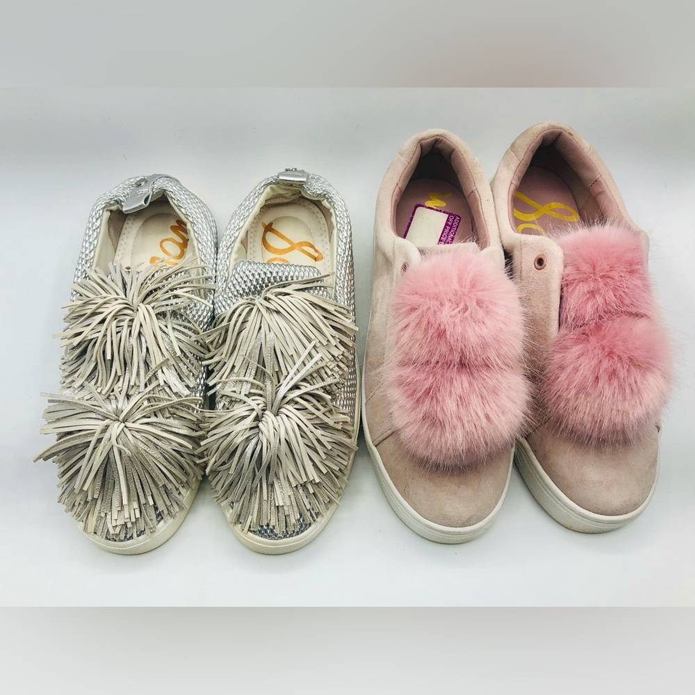 Sam Edelman Leya & Emory Sneakers Lot Sz 7.5 Pink Pom Pom & Silver Fringe Shoe